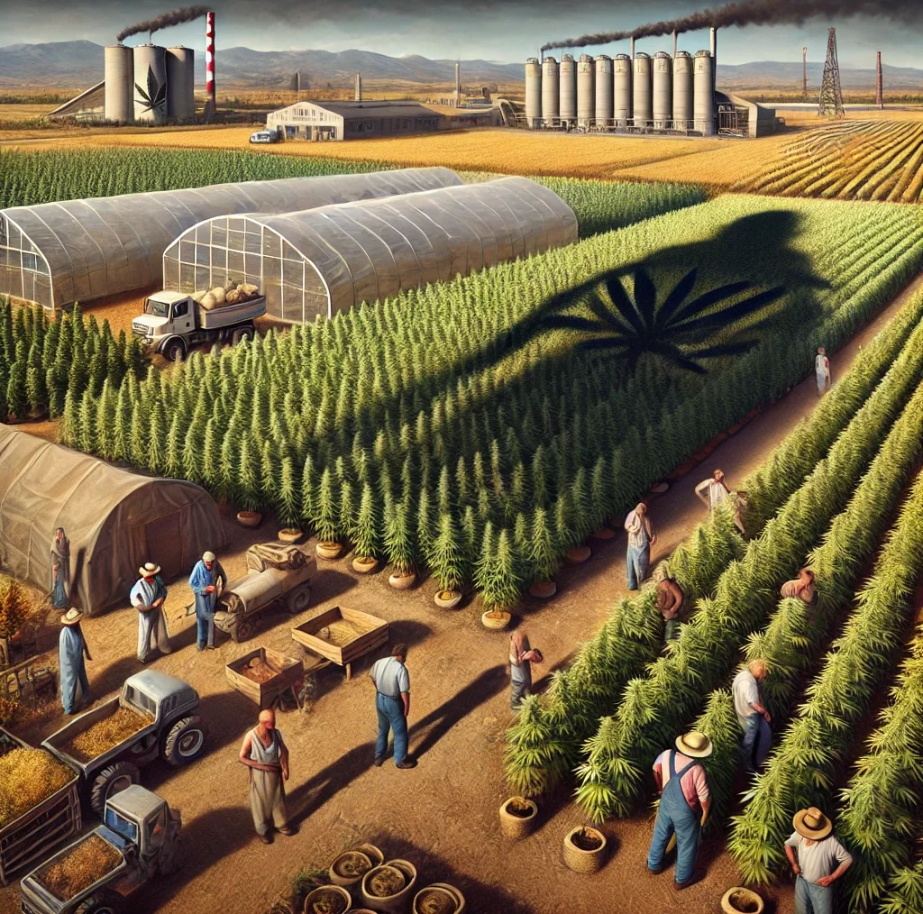 Ddl-sicurezza-Una scena-realistica-che-mostra-un-grande-campo-di-canapa-in-Italia-con-agricoltori-che-lavorano-sotto-il-sole-serre-e-attrezzature-visibili-sullo sfondo.