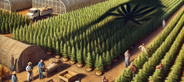 Ddl-sicurezza-Una scena-realistica-che-mostra-un-grande-campo-di-canapa-in-Italia-con-agricoltori-che-lavorano-sotto-il-sole-serre-e-attrezzature-visibili-sullo sfondo.