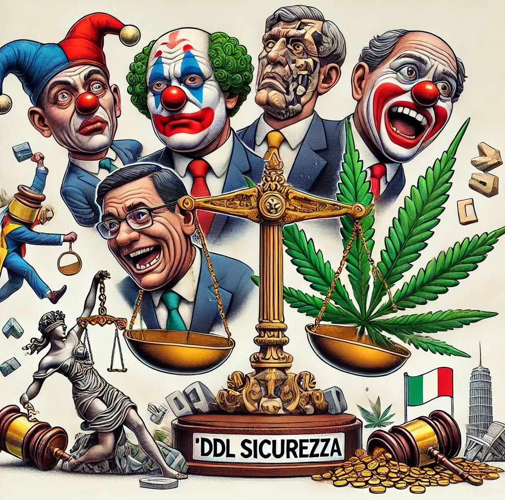 un'immagine satirica simbolica che rappresenta l'incapacità politica relativa al DDL sicurezza, con figure goliardiche generiche e simbolismi.