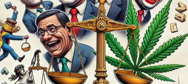 un'immagine satirica simbolica che rappresenta l'incapacità politica relativa al DDL sicurezza, con figure goliardiche generiche e simbolismi.