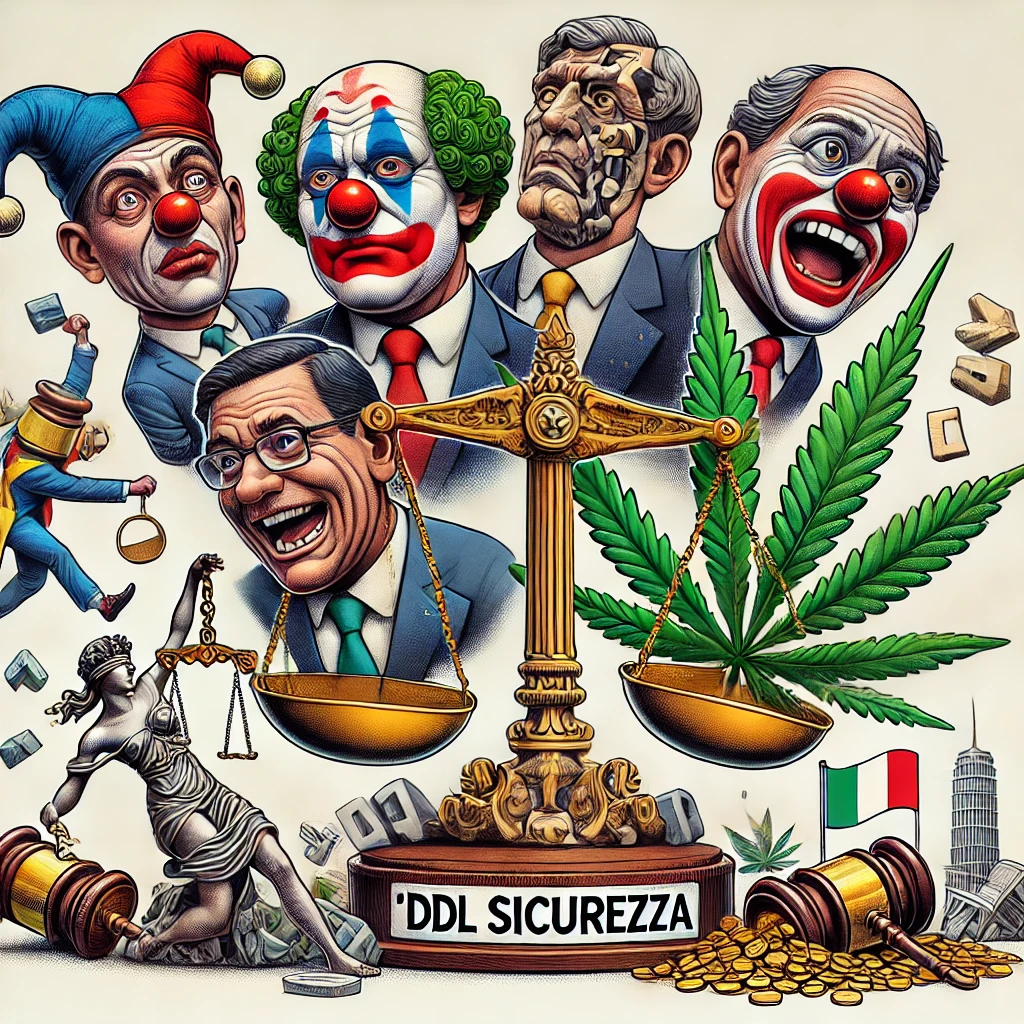 un'immagine satirica simbolica che rappresenta l'incapacità politica relativa al DDL sicurezza, con figure goliardiche generiche e simbolismi.