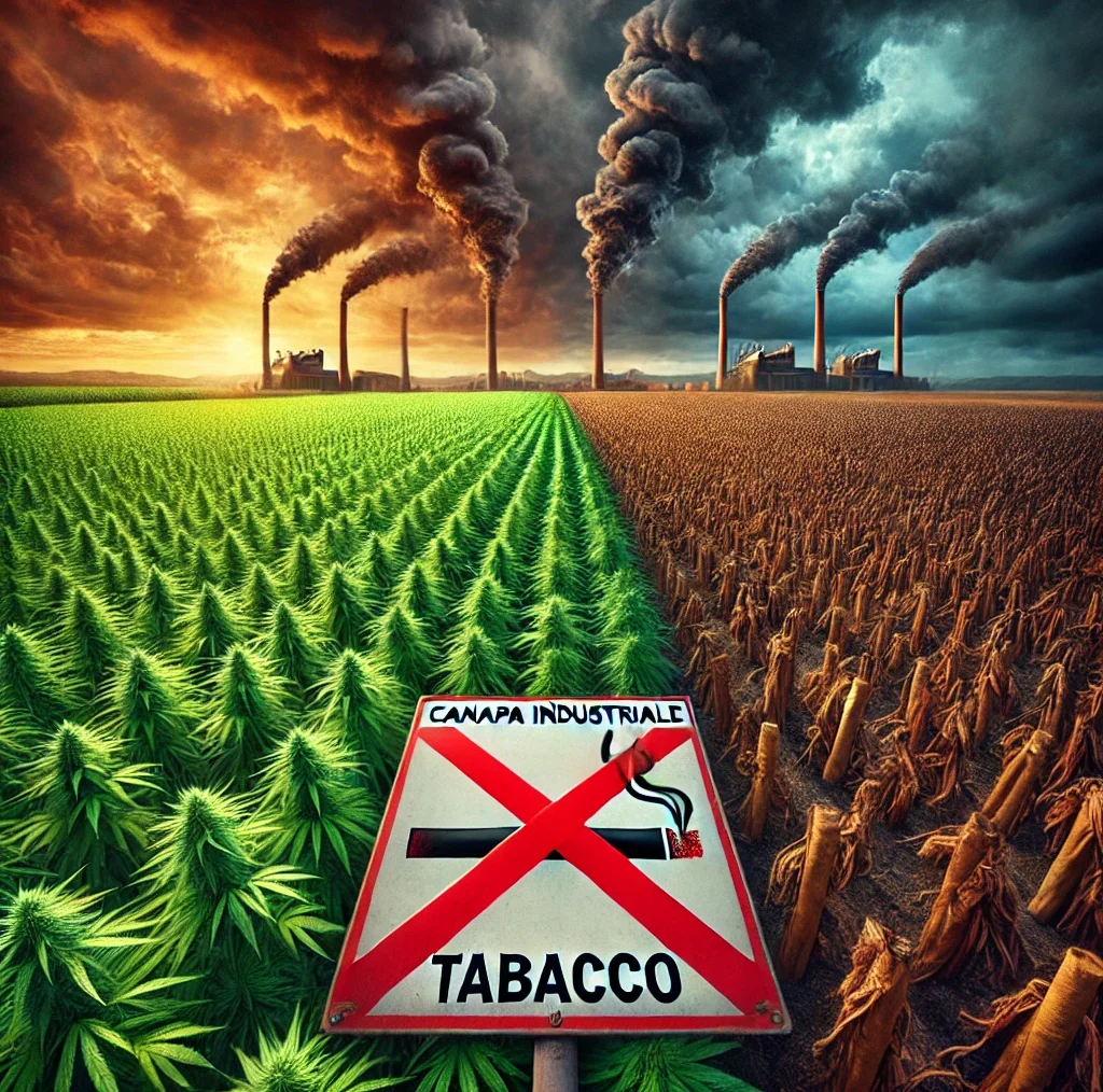 Un'immagine potente e drammatica che contrappone la canapa industriale al tabacco. Sul lato sinistro, un rigoglioso campo verde di canapa industriale prospera sotto un cielo luminoso.