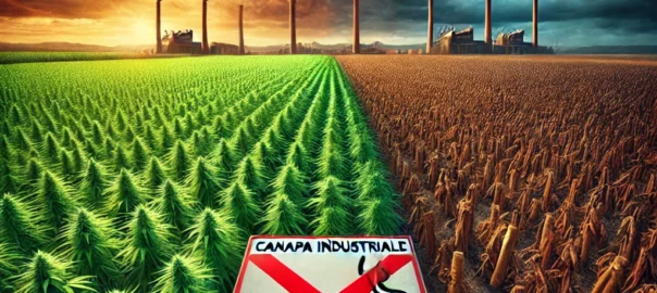 Un'immagine potente e drammatica che contrappone la canapa industriale al tabacco. Sul lato sinistro, un rigoglioso campo verde di canapa industriale prospera sotto un cielo luminoso.