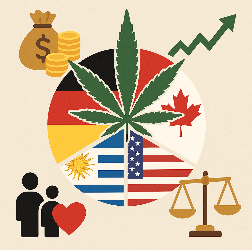 un grafico a torta con bandiere dei Paesi legalizzatori, simboli economici (soldi, crescita) e icone di benessere e giustizia sociale.