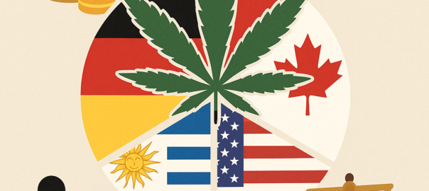 un grafico a torta con bandiere dei Paesi legalizzatori, simboli economici (soldi, crescita) e icone di benessere e giustizia sociale.