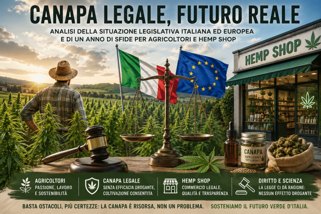 **Testo ALT immagine:** Canapa industriale italiana tra sequestri, Decreto Sicurezza e battaglia legale di agricoltori e hemp shop in Europa
