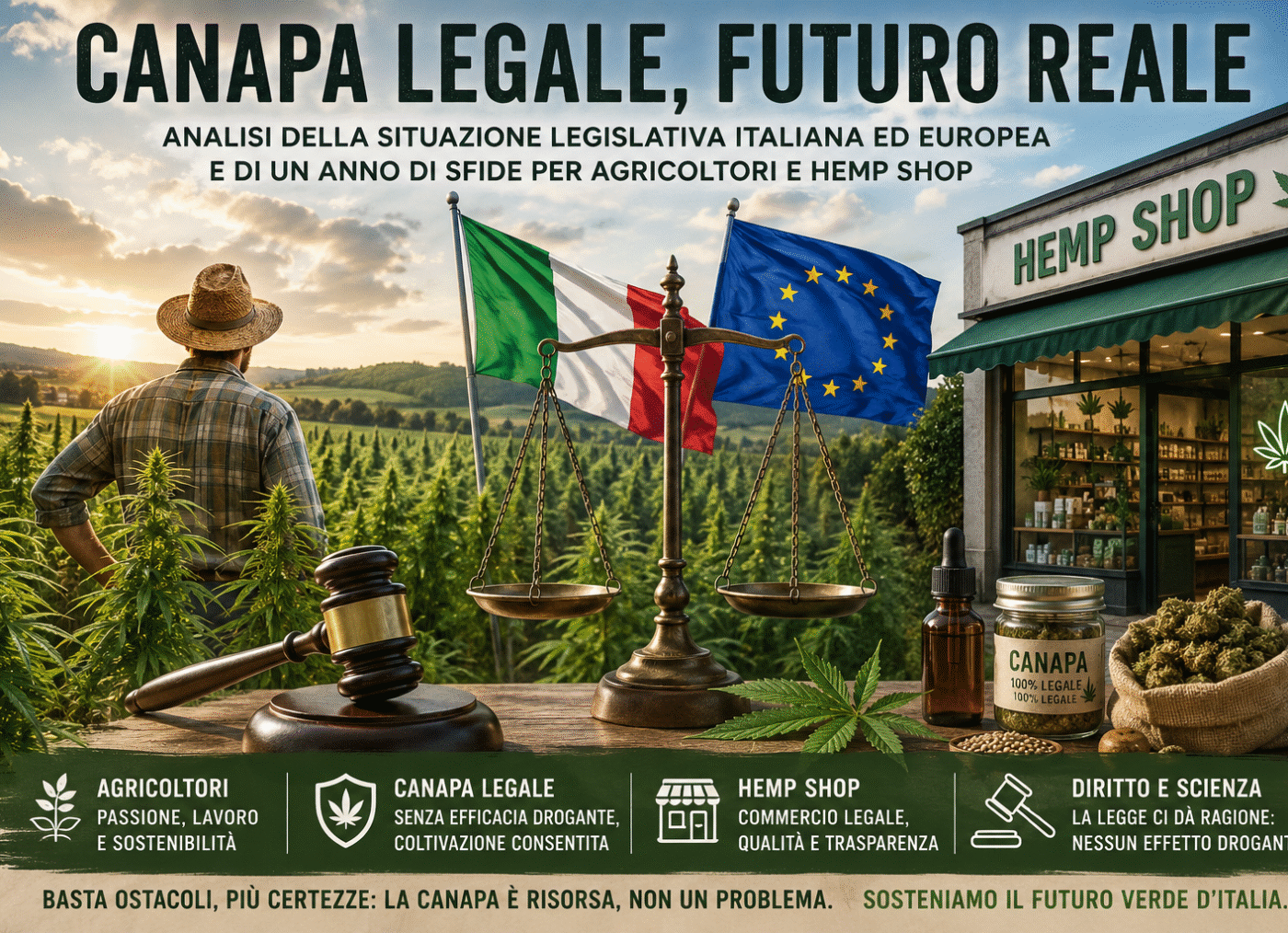 **Testo ALT immagine:** Canapa industriale italiana tra sequestri, Decreto Sicurezza e battaglia legale di agricoltori e hemp shop in Europa